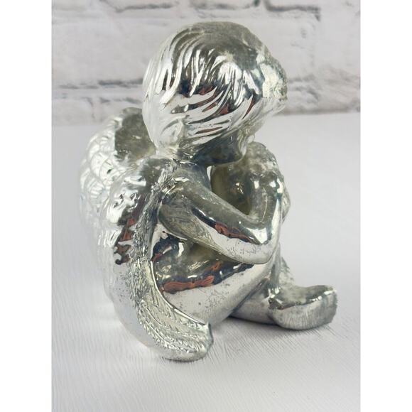 Vintage Silver Angel Figurine Cherub Statue 90s Holiday Decor Guardian Angel - Picture 8 of 16